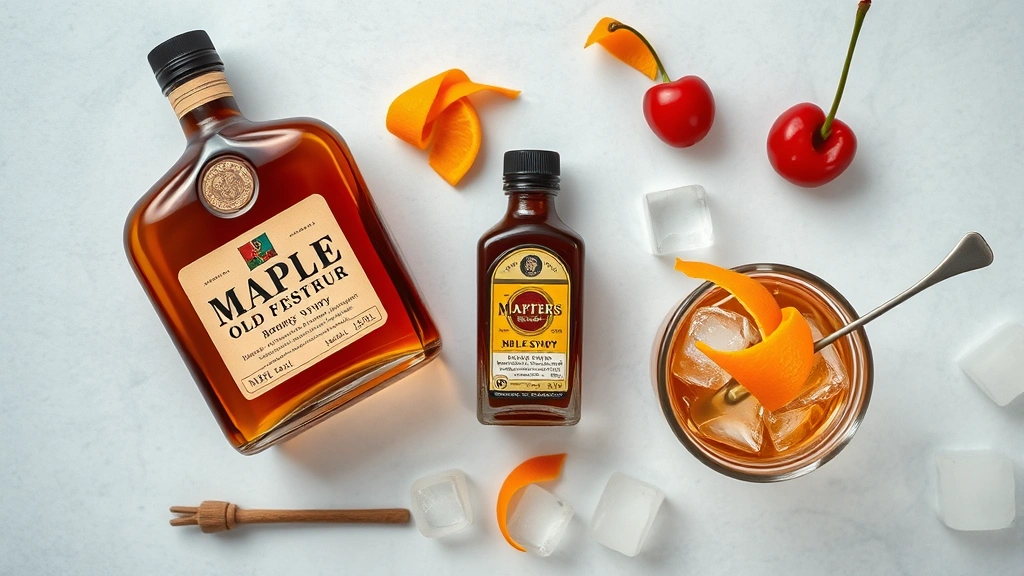 Overhead flat lay of maple old fashioned ingredients arranged artfully: bottle of bourbon whiskey, amber maple syrup in glass container, Angostura bitters, fresh orange peel, cocktail cherry, and ice cubes