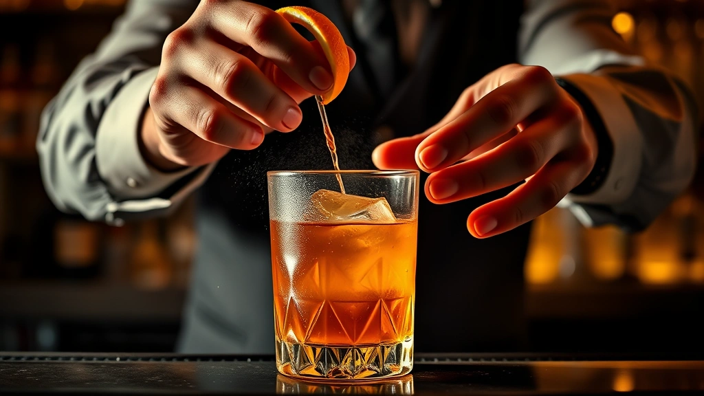 Professional bartender's hands expressing orange peel over maple old fashioned cocktail in dimly lit upscale bar, dramatic lighting showing citrus oils spray and drink's rich amber color