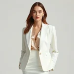 Elegant woman wearing a structured white tailored blazer and cream silk blouse, perfectly fitted sheath dress in neutral tone, standing with confident posture, professional studio lighting, sophisticated minimalist aesthetic, high-end luxury fashion photography