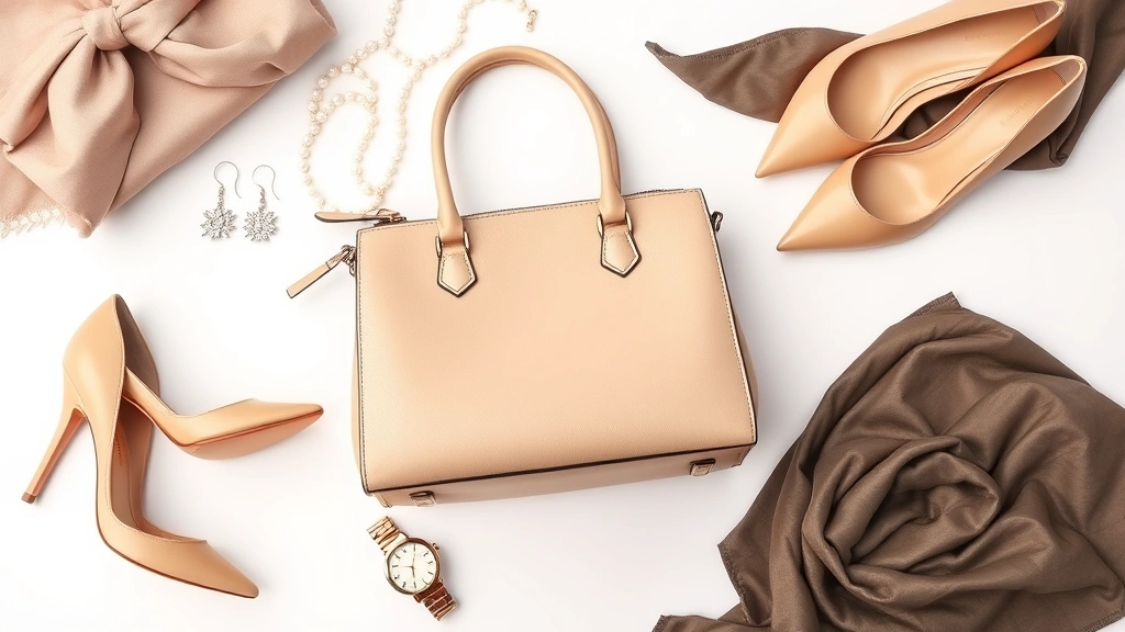 Luxury fashion flat lay featuring classic designer handbag in neutral color, pearl necklace, diamond stud earrings, nude stiletto heels, silk scarf, and quality watch arranged on white background, premium accessories photography