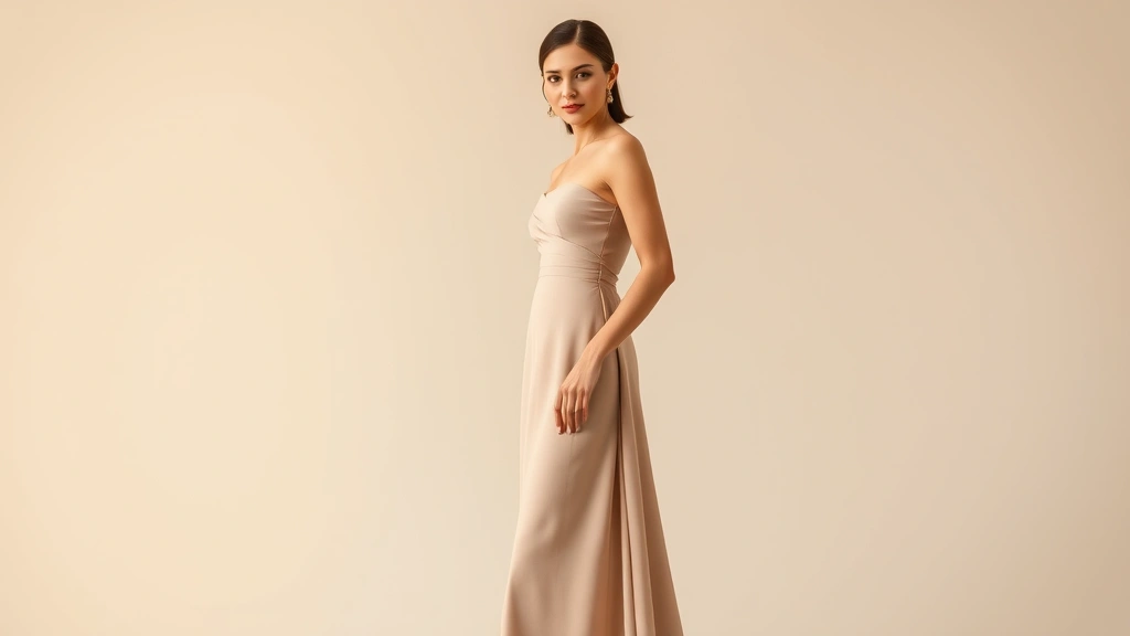 Woman in floor-length column gown with clean elegant lines, soft neutral color palette, perfect posture and poise, formal evening wear styling, professional hair and makeup, diplomatic formal event aesthetic, sophisticated luxury fashion portrait