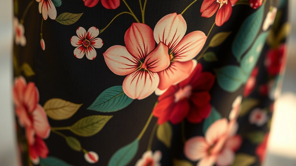 Close-up detail shot of luxury botanical print fabric on high-waisted trousers, rich jewel tones with delicate flower patterns, premium textile quality visible, soft afternoon light, fashion magazine style photography