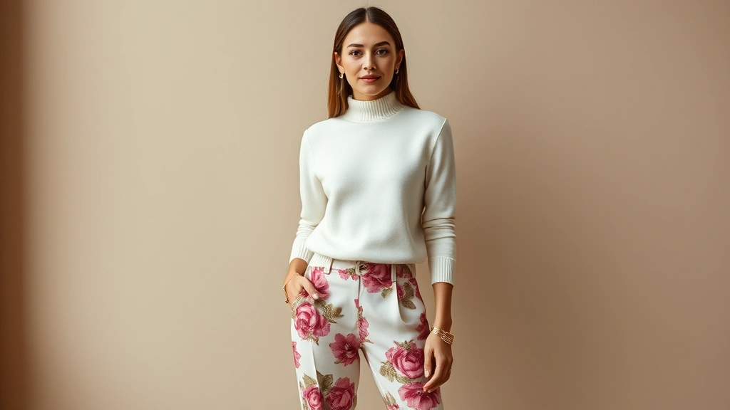 Sophisticated woman in muted rose-print floral trousers paired with white cashmere sweater and gold accessories, standing against neutral backdrop, polished elegant styling, luxury fashion photography, professional editorial aesthetic