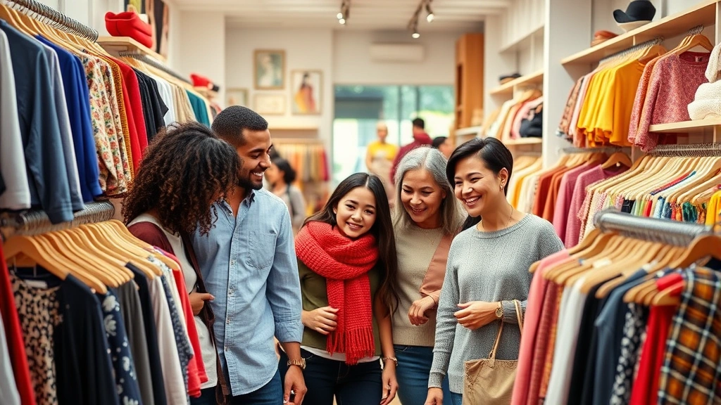 Diverse multi-generational family shopping together in upscale boutique clothing store, browsing colorful fashion displays, natural lighting, warm inviting retail environment
