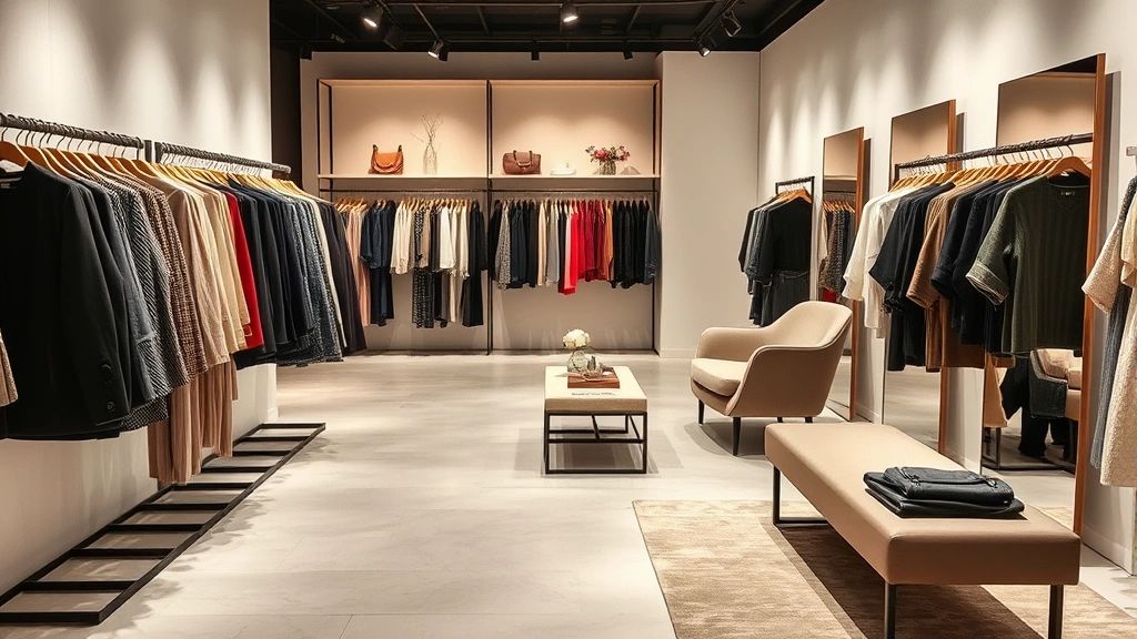 Well-organized fashion boutique interior with curated clothing racks, neutral aesthetic, professional styling area with mirrors and comfortable seating, modern retail design
