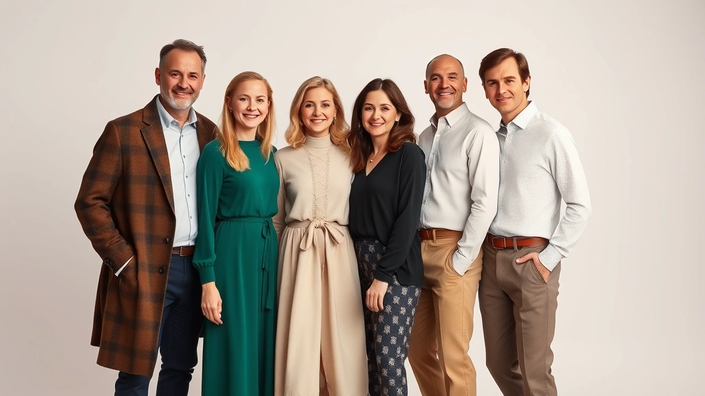 Family members of different ages wearing coordinated neutral and jewel-tone outfits, standing together confidently, professional fashion photography, indoor studio lighting
