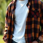 Male model wearing oversized earth-tone flannel shirt layered over fitted white tee with vintage straight-leg dark denim and classic Doc Martens, standing in natural lighting with authentic 90s grunge aesthetic