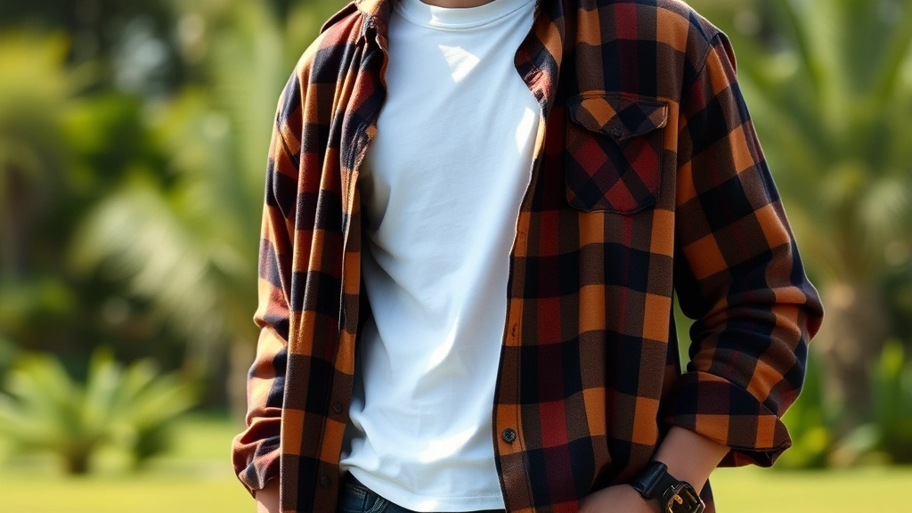 Male model wearing oversized earth-tone flannel shirt layered over fitted white tee with vintage straight-leg dark denim and classic Doc Martens, standing in natural lighting with authentic 90s grunge aesthetic