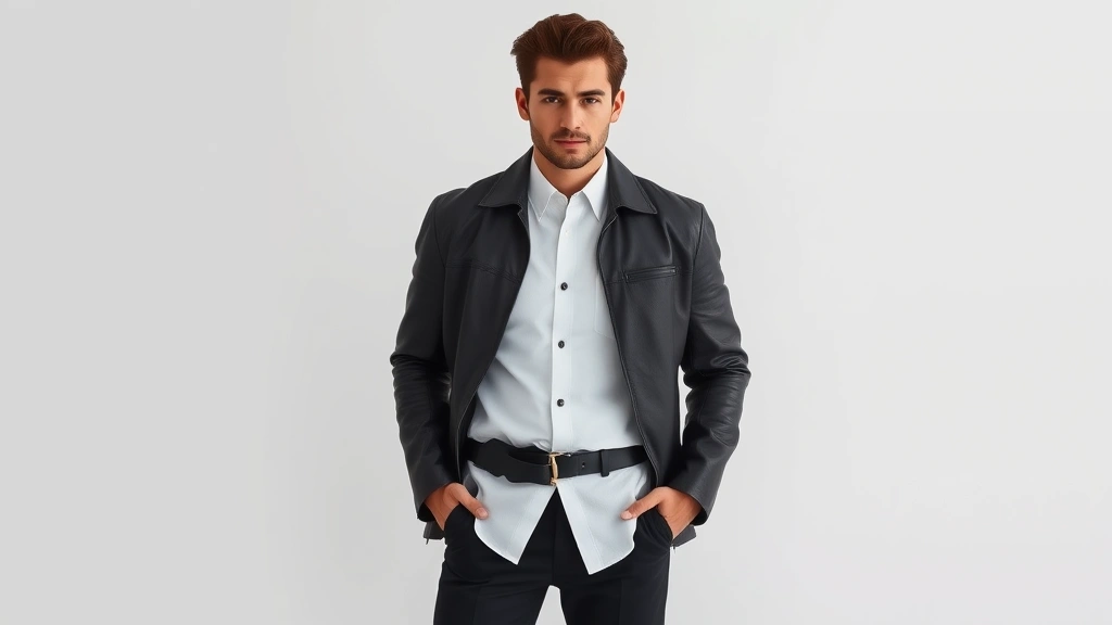 Well-dressed man in minimalist 90s high fashion style wearing perfectly tailored black trousers, crisp white button-up shirt, and sleek leather jacket, photographed against neutral background emphasizing clean lines and proportions