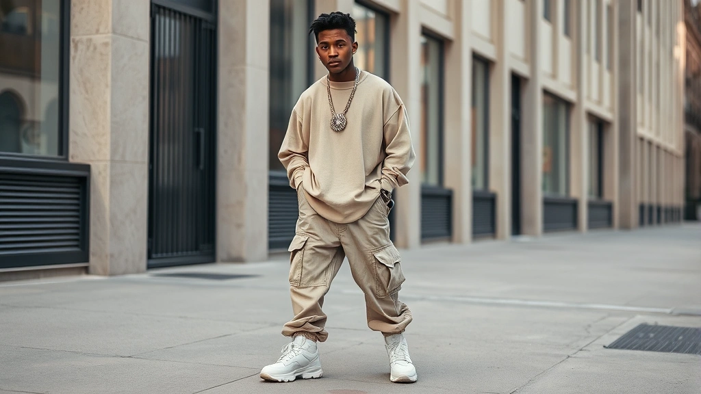 Young man styling baggy 90s hip-hop fashion with oversized neutral-colored jersey, relaxed-fit cargo pants, chunky white sneakers, and layered accessories, captured in street-style photography with confident posture