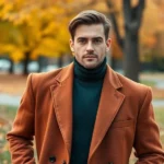 Professional male model wearing oversized burnt sienna wool blazer with forest green turtleneck, standing in autumn park setting with golden leaves, confident relaxed posture, warm natural lighting