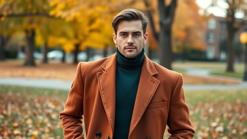 Professional male model wearing oversized burnt sienna wool blazer with forest green turtleneck, standing in autumn park setting with golden leaves, confident relaxed posture, warm natural lighting