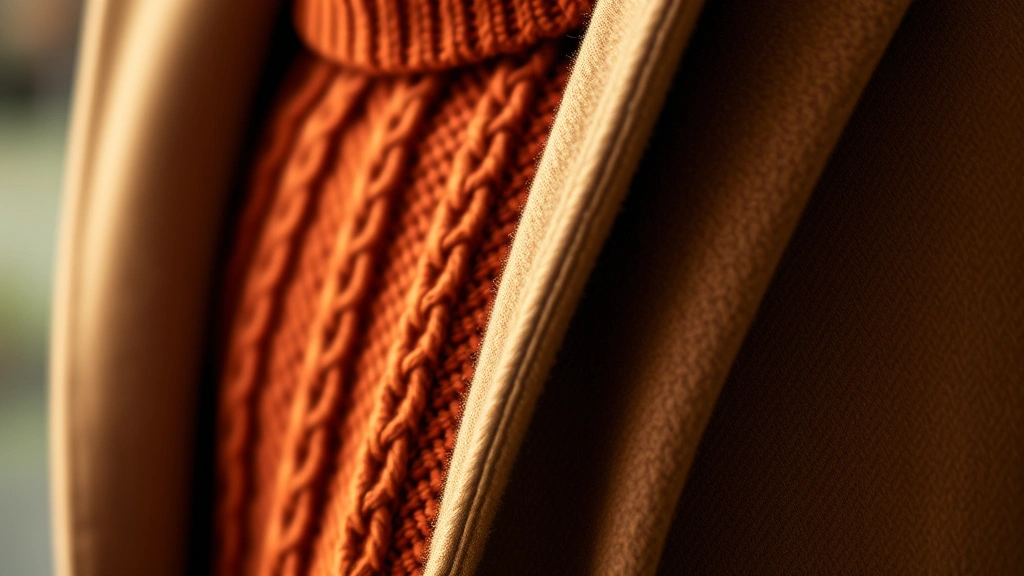 Close-up detail shot of layered men's fall outfit showing cream merino base layer, rust-colored cable-knit sweater texture, and camel wool coat fabric, soft warm lighting highlighting material textures