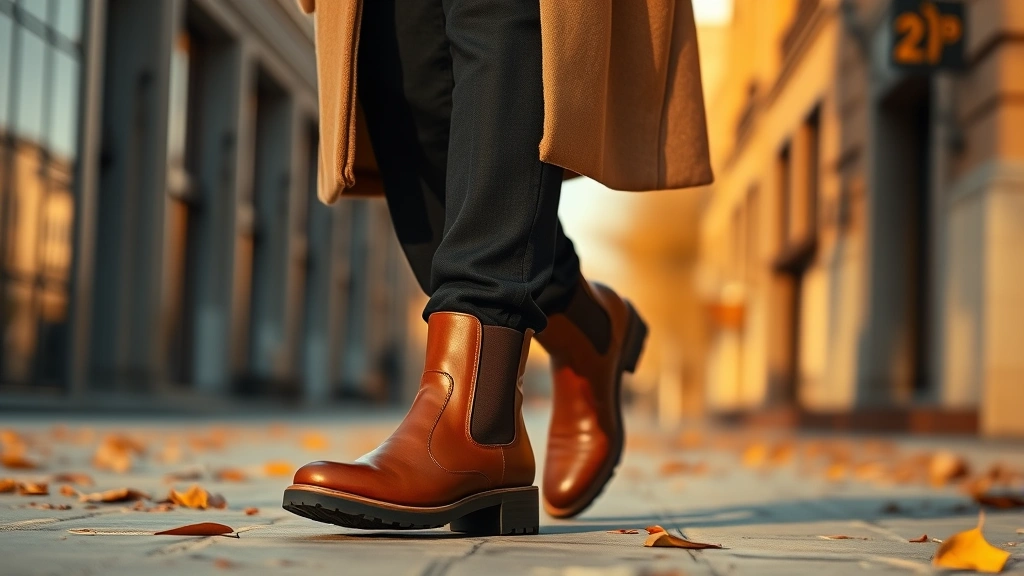 Male model wearing cognac leather Chelsea boots, dark trousers, and oversized camel coat walking through fall urban environment with golden hour lighting, showing complete footwear-to-outerwear styling