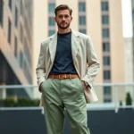 Modern man wearing oversized cream-colored blazer with sage green wide-leg trousers, standing confidently in contemporary urban setting with natural lighting, showcasing relaxed yet sophisticated 2025 menswear aesthetic
