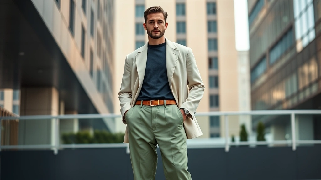 Modern man wearing oversized cream-colored blazer with sage green wide-leg trousers, standing confidently in contemporary urban setting with natural lighting, showcasing relaxed yet sophisticated 2025 menswear aesthetic