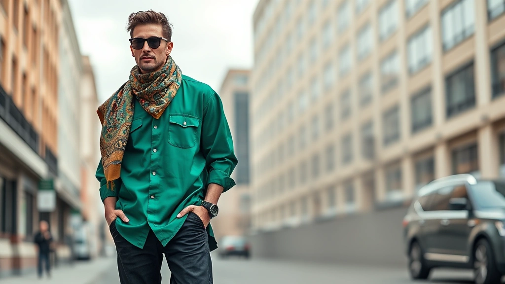 Fashion-forward man wearing jewel-tone emerald oversized shirt with vintage patterned scarf, chunky architectural sneakers, and bold accessories, embodying eclectic maximalist 2025 menswear trend in stylish urban environment