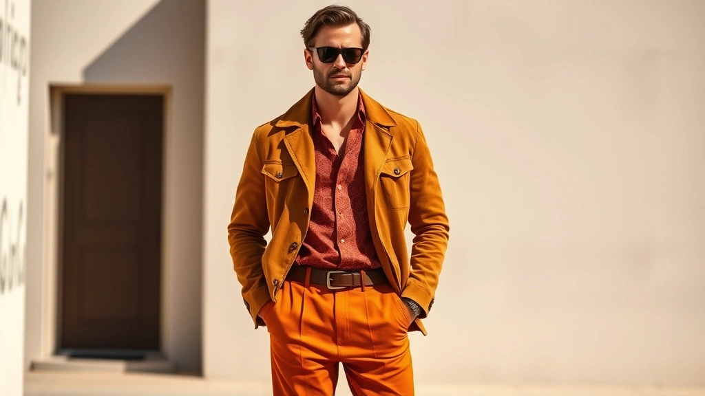 Man wearing cognac suede jacket, burnt orange patterned shirt, and wide-leg terracotta trousers, standing in natural sunlight with relaxed confident posture