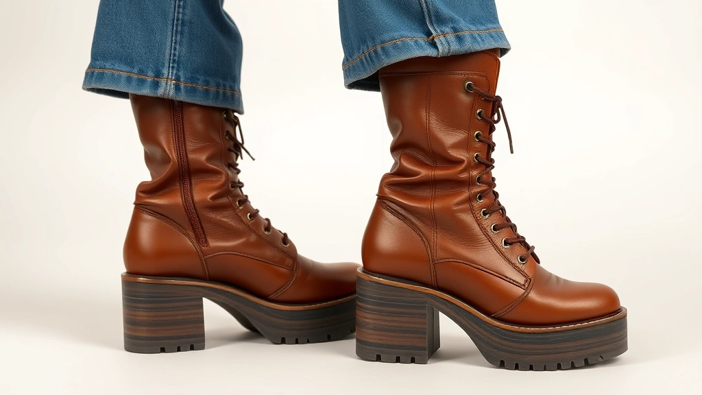 Close-up of stacked platform boots in rich brown leather paired with flared bell-bottom denim, showing authentic 70s proportions and silhouette details