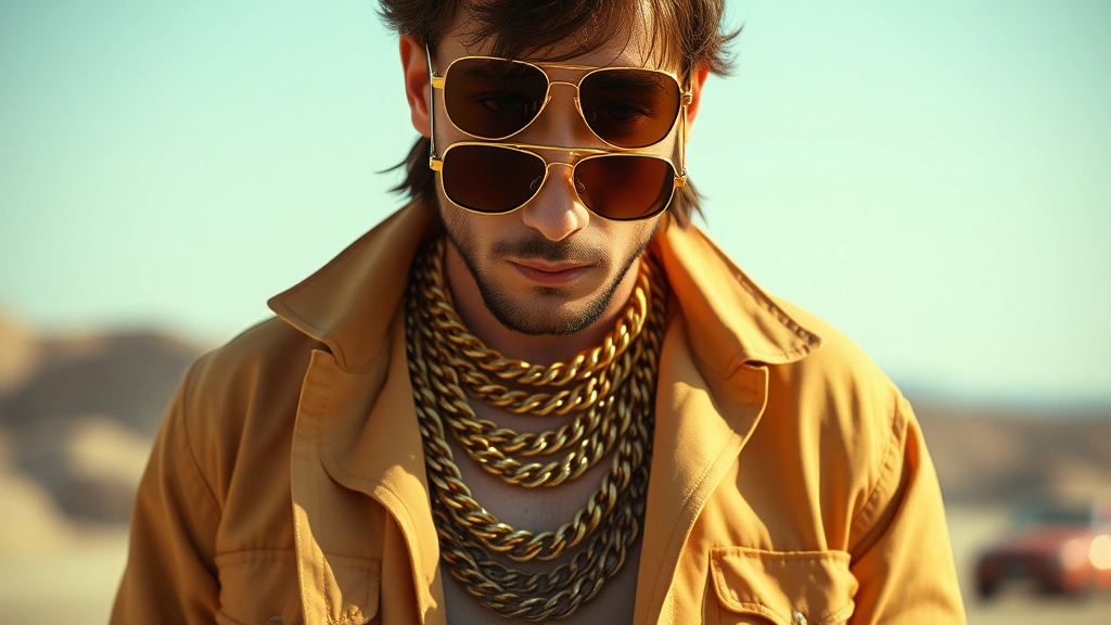 Man layering gold chain necklaces and wearing oversized sunglasses with earth-tone coordinated outfit, showcasing 70s accessory styling and color palette harmony