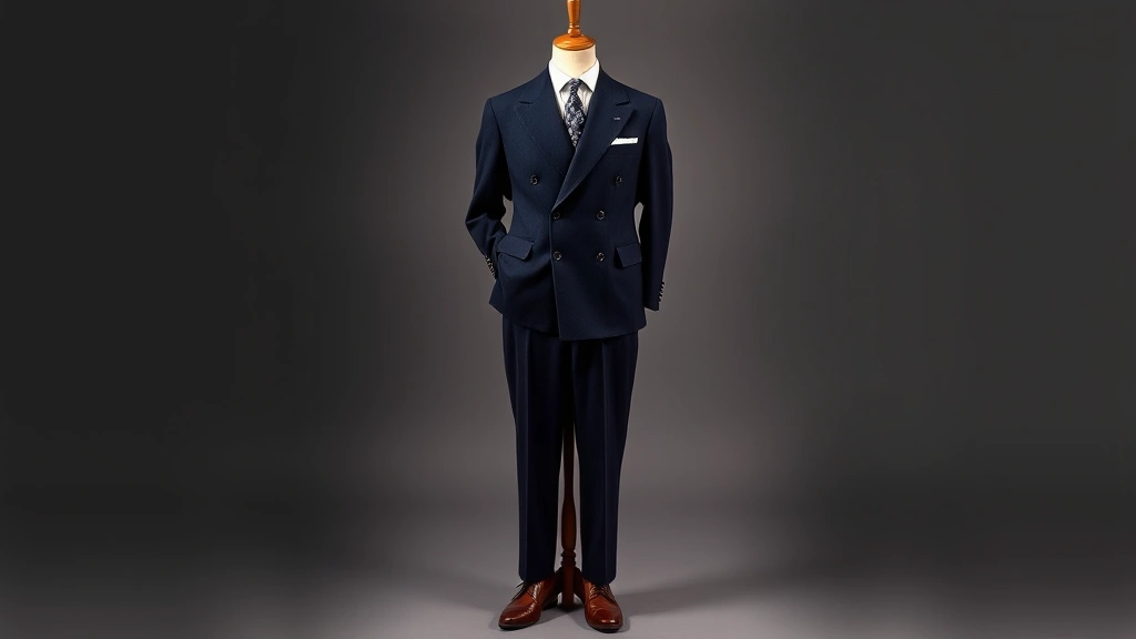 Vintage 1940s men's navy double-breasted wool suit with high-waisted trousers, crisp white dress shirt, patterned silk tie, polished oxford shoes, and classic fedora hat on tailored mannequin in studio lighting
