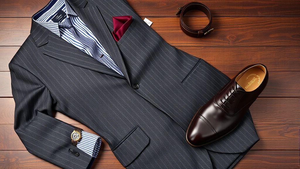 Classic 1940s menswear styling featuring charcoal gray pinstriped suit, burgundy pocket square, leather accessories, wristwatch, and polished leather dress shoes arranged on rich wood surface with vintage aesthetic