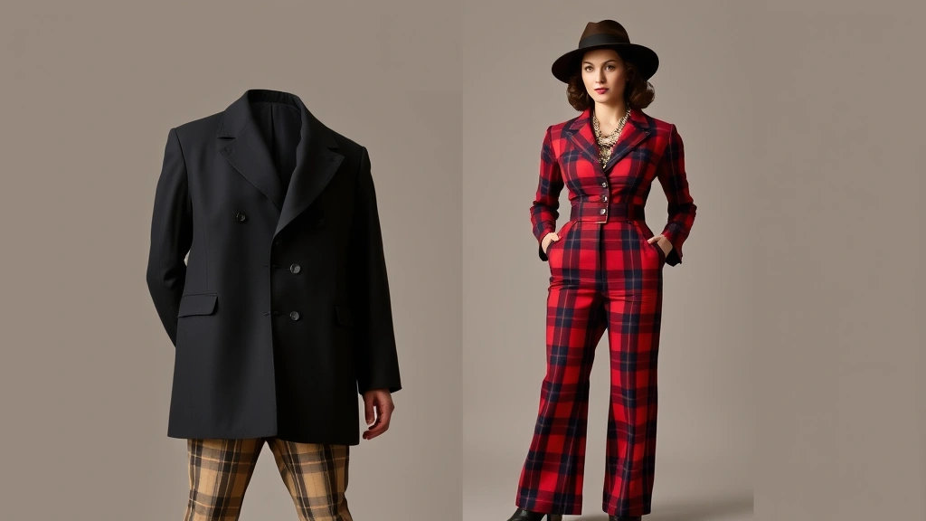 Authentic 1940s zoot suit silhouette showcasing oversized jacket with dramatic lapels, high-waisted wide-legged tapered trousers in bold plaid fabric, paired with wide-brimmed fedora and decorative chain accessory