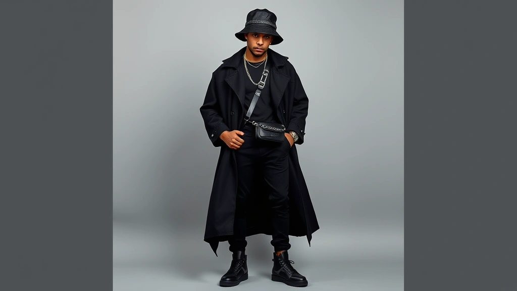 Full-length portrait of man in gothic hip-hop fusion outfit: oversized black oversized coat with dramatic draping, fitted black pants, high-top black sneakers with metallic accents, bucket hat with chain detail, crossbody bag with metal hardware, demonstrating complete cohesive styling approach.