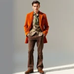 A fashionable man wearing a wide-lapel burnt orange corduroy blazer over a patterned silk shirt with oversized butterfly collar, paired with chocolate brown flared trousers and platform shoes, standing confidently in natural lighting against a neutral backdrop.