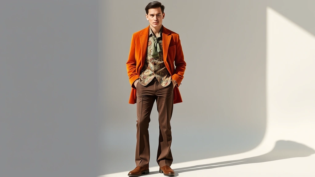 A fashionable man wearing a wide-lapel burnt orange corduroy blazer over a patterned silk shirt with oversized butterfly collar, paired with chocolate brown flared trousers and platform shoes, standing confidently in natural lighting against a neutral backdrop.