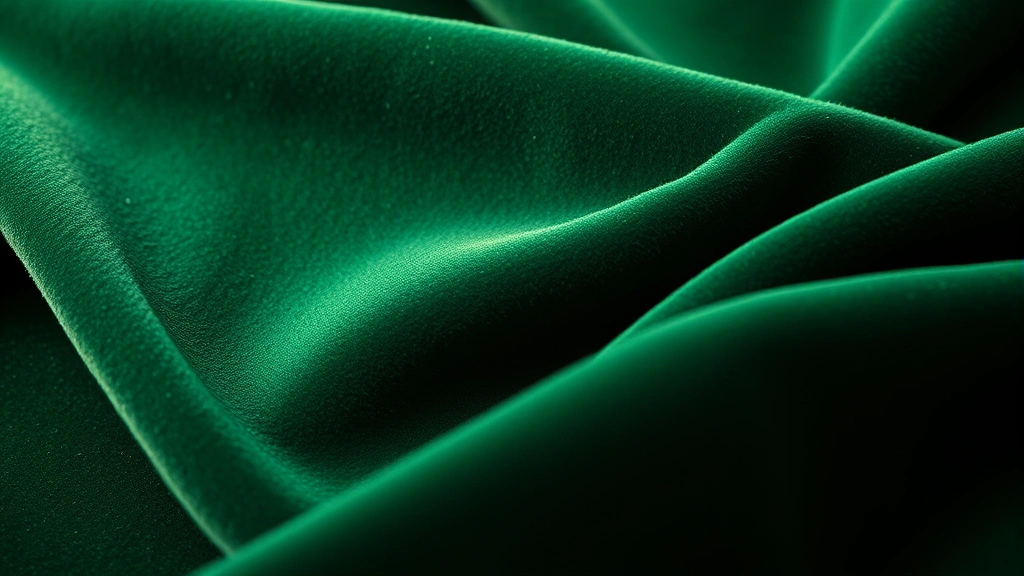 Close-up detail shot of rich velvet fabric in emerald green with subtle texture, draped elegantly to showcase the luxurious sheen and tactile quality of 1970s menswear materials in warm studio lighting.