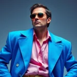 Man wearing oversized electric blue blazer with exaggerated shoulder padding, pastel pink shirt underneath, styled with neon accessories and confident posture, studio lighting, fashion editorial aesthetic, 1980s-inspired modern interpretation