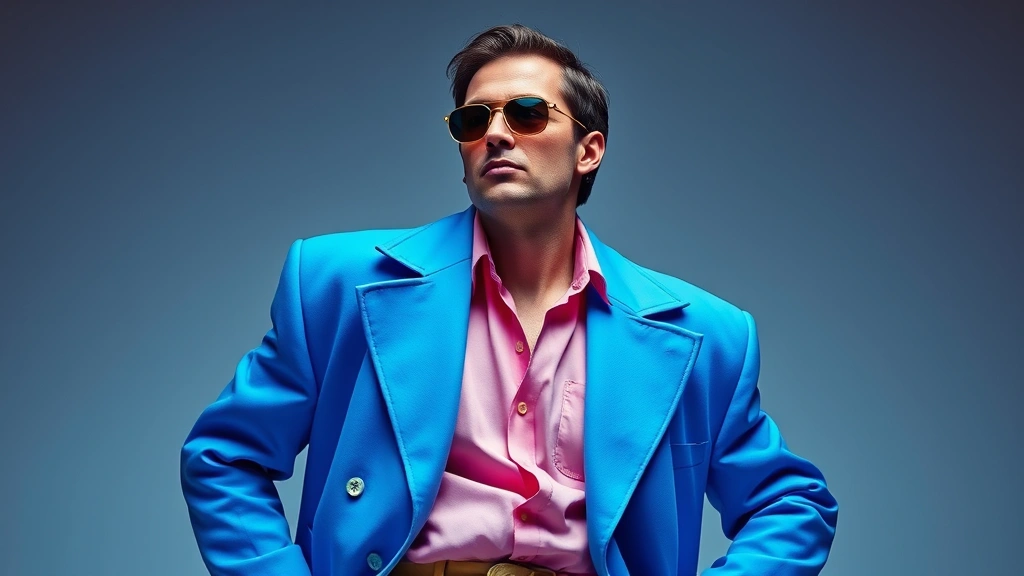 Man wearing oversized electric blue blazer with exaggerated shoulder padding, pastel pink shirt underneath, styled with neon accessories and confident posture, studio lighting, fashion editorial aesthetic, 1980s-inspired modern interpretation