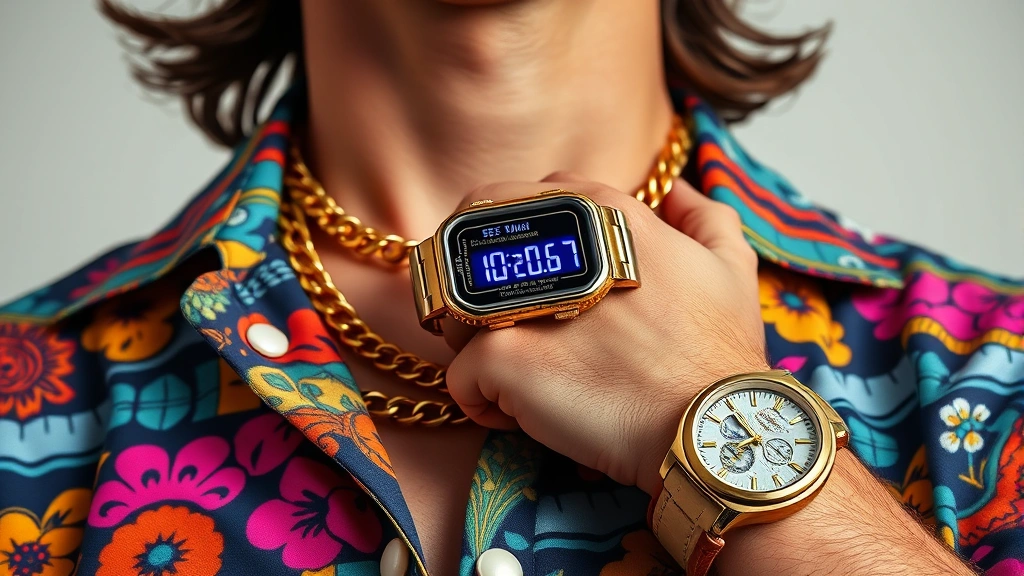 Close-up of colorful 80s menswear details: vibrant patterned shirt, thick gold chain necklace, oversized digital watch with neon display, leather-banded wristwatch, layered accessories arrangement on neutral background, bright studio lighting