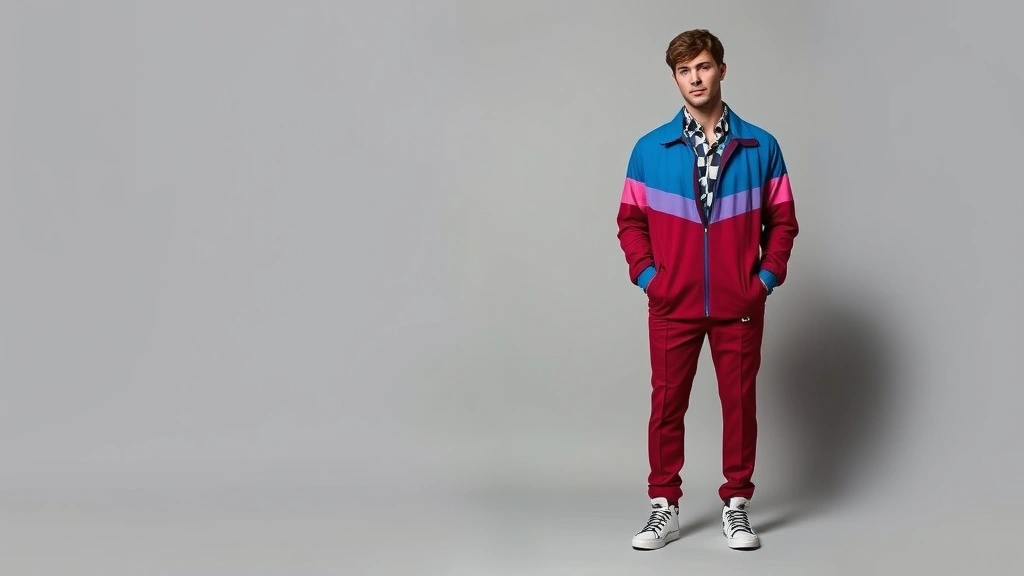 Man in tailored tracksuit featuring contrasting color blocking in jewel tones, high-top sneakers, geometric-patterned shirt visible at neckline, confident stance against neutral backdrop, professional fashion photography, modern 80s aesthetic