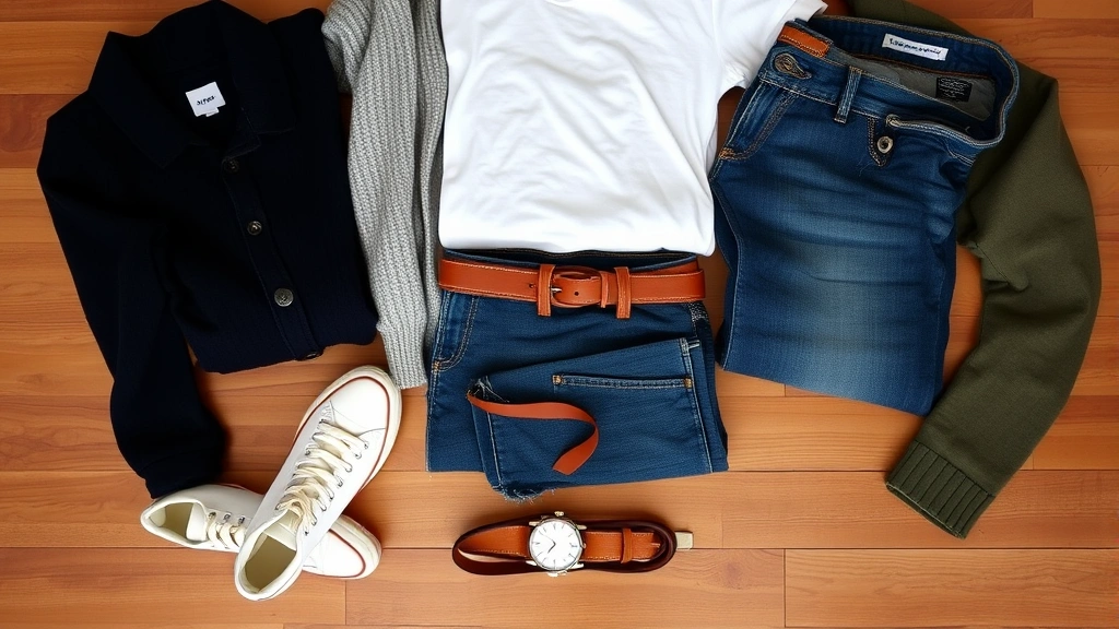 Overhead flat lay of casual wardrobe essentials: folded neutral sweaters, jeans, white t-shirt, canvas sneakers, leather belt, watch on wooden surface