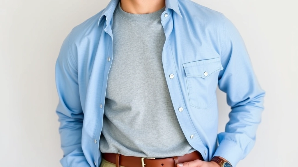 Man layering light blue casual button-up shirt over gray t-shirt with tailored fit, styled with chinos and Chelsea boots, relaxed confident posture