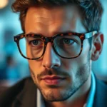 Close-up of professional man wearing modern tortoiseshell oversized acetate eyeglasses, warm lighting, sophisticated expression, blurred office background