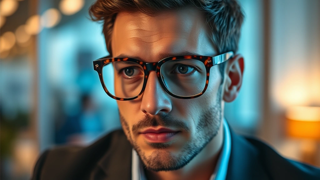Close-up of professional man wearing modern tortoiseshell oversized acetate eyeglasses, warm lighting, sophisticated expression, blurred office background