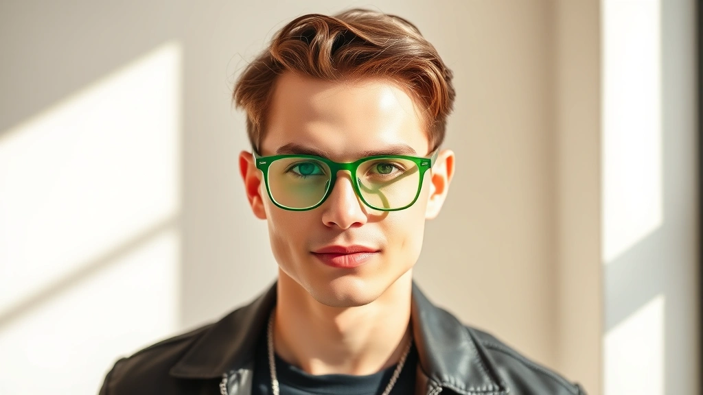 Stylish young man in contemporary casual outfit wearing bold emerald green metal-frame eyeglasses, natural sunlight, confident pose, minimalist background