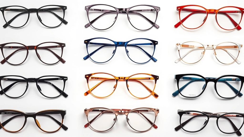 Flat lay composition of diverse eyeglasses collection including browline, minimalist, oversized, and retro frames in various colors and materials, artistic arrangement