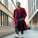 Modern man wearing deep burgundy oversized blazer with tapered black trousers, white sneakers, and gold chain necklace, standing in contemporary urban setting with natural lighting
