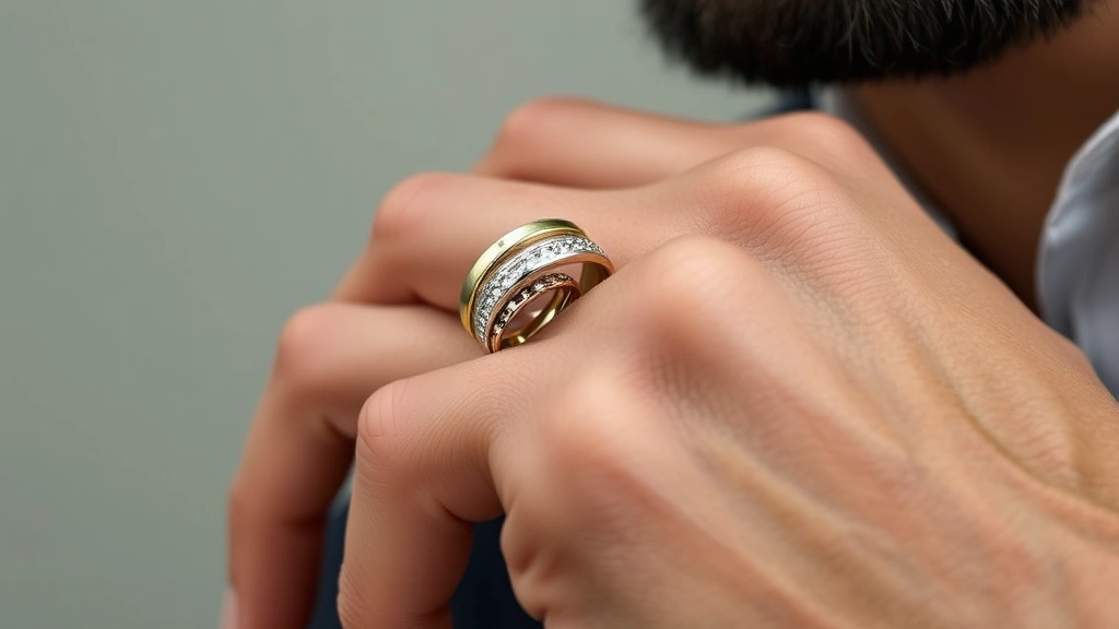Close-up of three stacked men's fashion rings in different metals—gold, silver, and rose gold—on a man's hand, showing intricate band details and textures against neutral background
