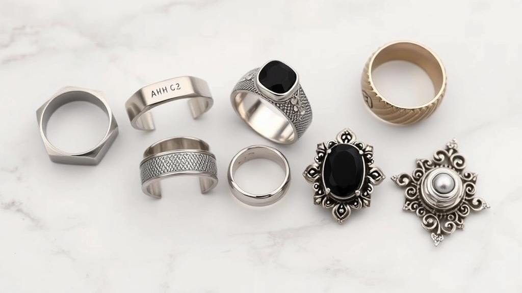 Flat lay arrangement of six diverse men's rings in various styles: minimalist geometric band, signet ring with initials, statement ring with black stone, textured band, simple silver ring, and ornate vintage-inspired piece on marble surface