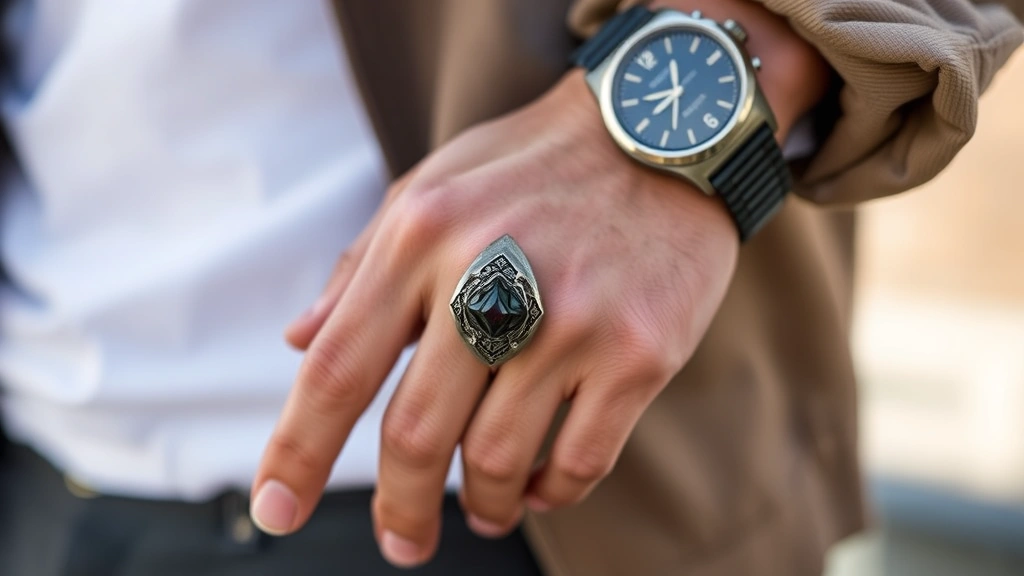 Man's hand wearing a bold statement ring with intricate metalwork and semi-precious stone detail, photographed in natural daylight showing craftsmanship and how ring coordinates with casual luxury watch and neutral clothing