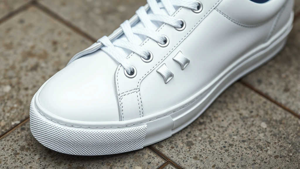 Close-up of pristine white premium leather men's sneaker on polished concrete surface, showcasing craftsmanship details and luxurious material quality