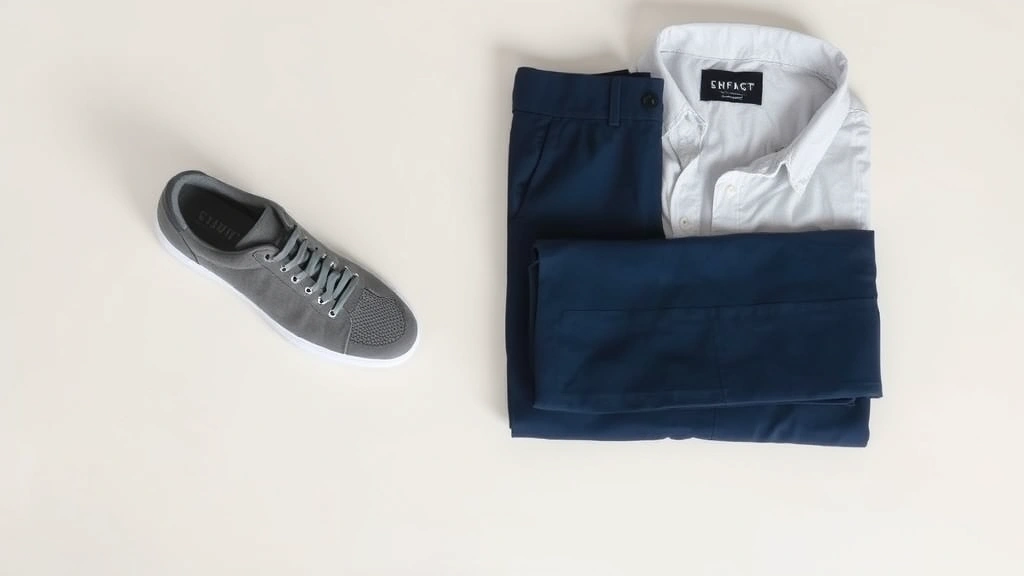 Styled flat-lay composition featuring minimalist gray men's sneaker with tailored navy chinos and linen shirt, demonstrating smart-casual outfit coordination