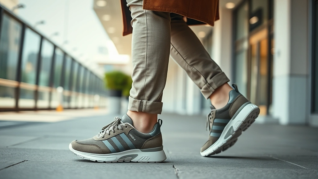 Fashion-forward man wearing sustainable eco-friendly men's sneakers paired with neutral tones, walking through modern urban environment with natural lighting
