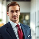 Handsome man wearing perfectly fitted navy suit with white dress shirt and burgundy silk tie, standing confidently in modern office setting, natural lighting highlighting suit texture and tailoring details