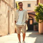 Man in oversized cream linen shirt unbuttoned over white t-shirt, relaxed khaki shorts, white sneakers, standing in bright natural sunlight with soft shadows, Mediterranean-inspired setting with warm tones